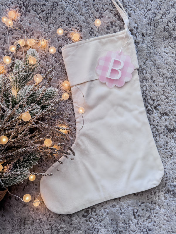 Linen Christmas stocking with gingham tag