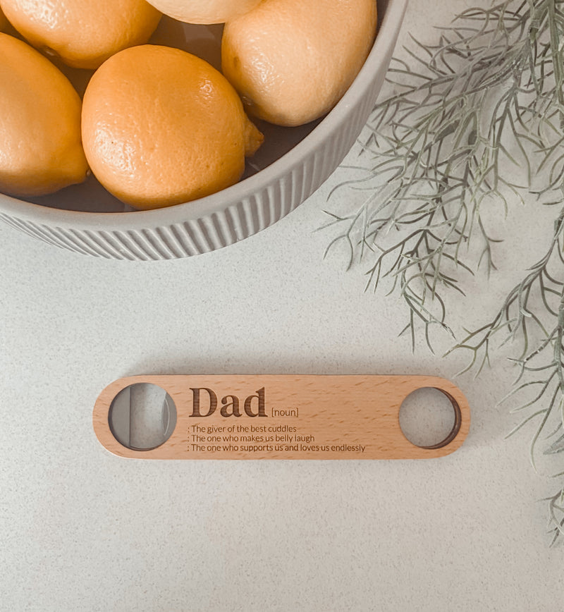 Engraved wooden bottle opener - meaning of [dad, pop, granddad, etc]