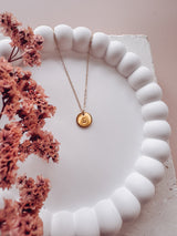 Hand-stamped letter initial on round disc necklace - gold filled