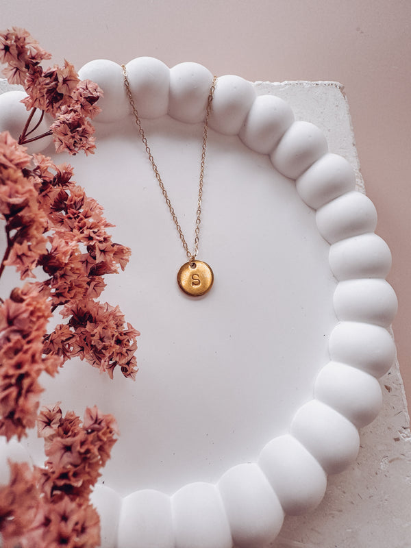 Hand-stamped letter initial on round disc necklace - gold filled