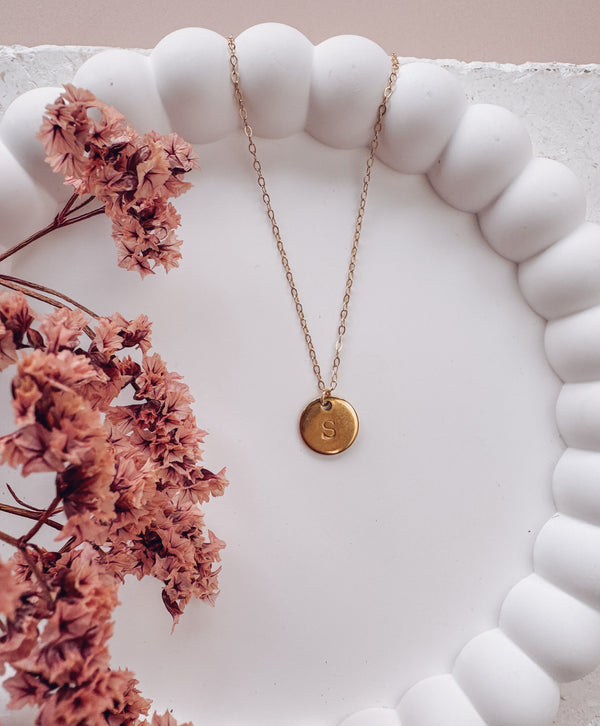 Hand-stamped letter initial on round disc necklace - gold filled