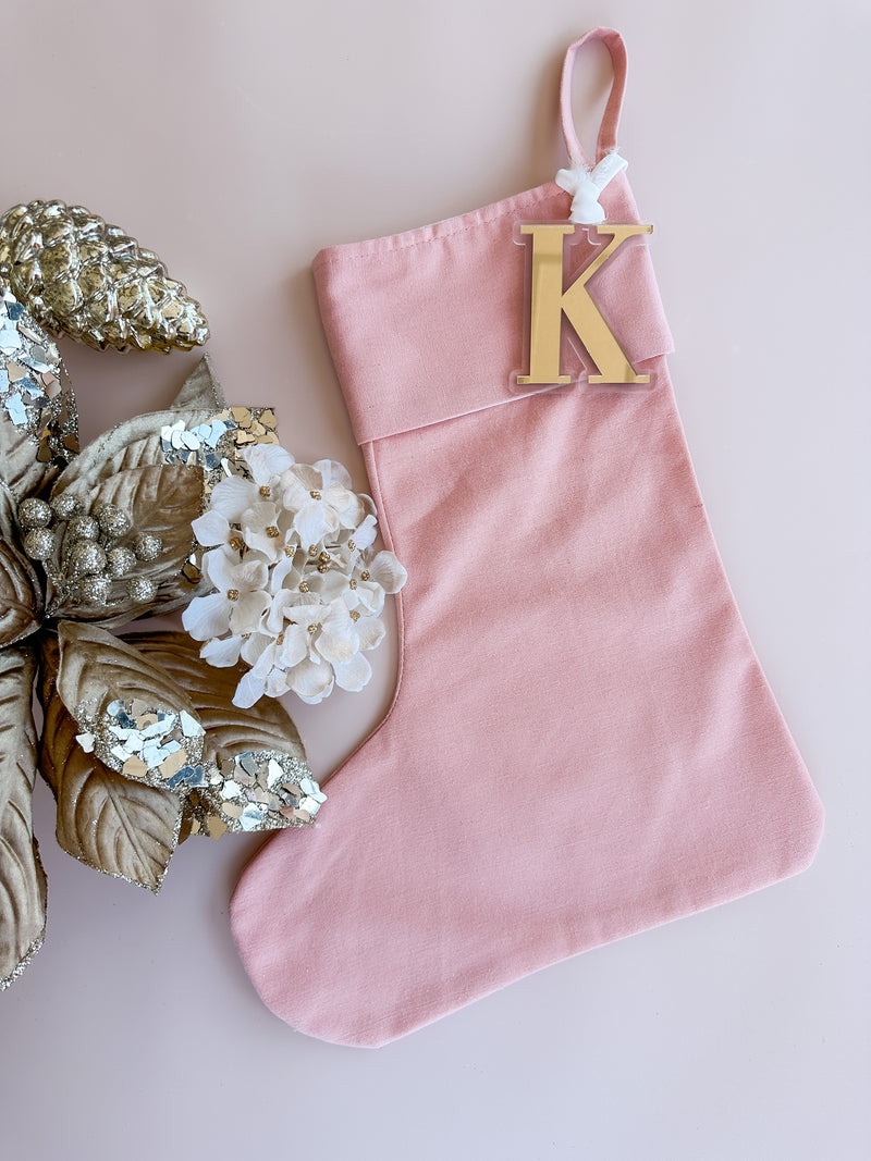 Linen Christmas stocking with initial tag - pink