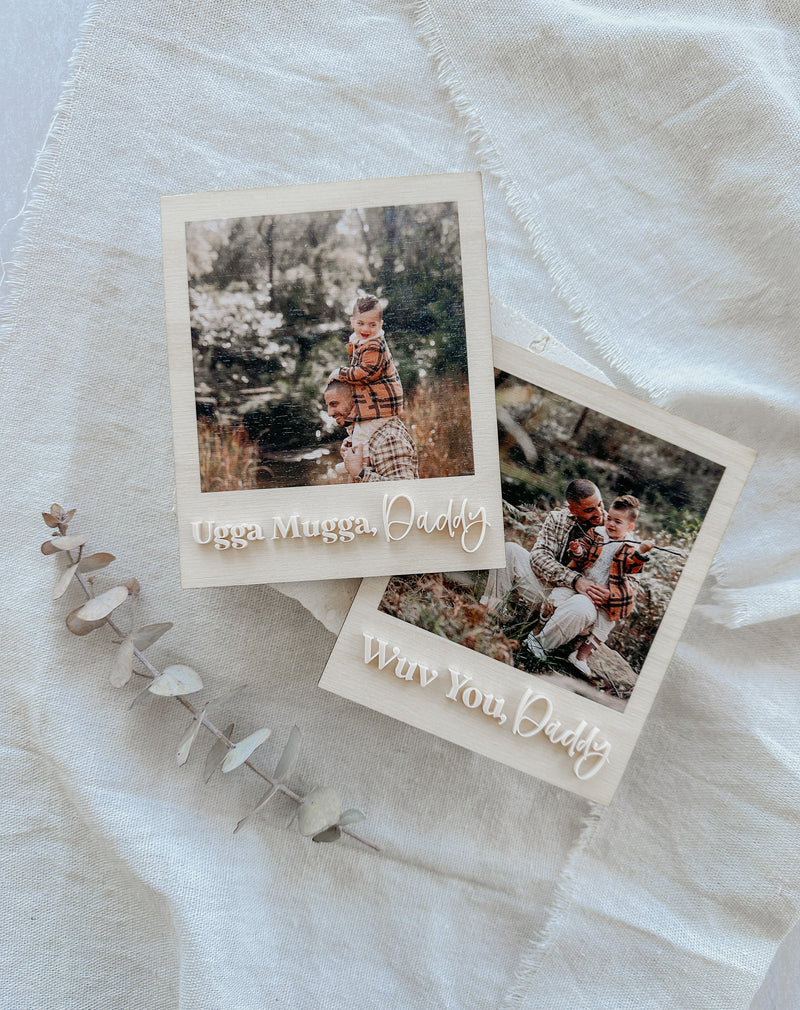 Wooden "polaroid" photo fridge magnet - with acrylic wording