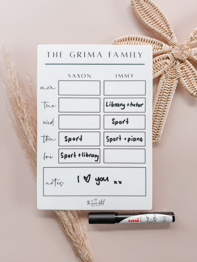 Acrylic weekly school planner - family