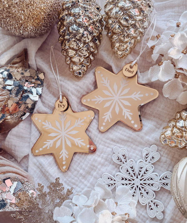 Mirror gingerbread snowflake star ornament with clear or frosted overlay