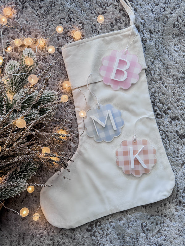Linen Christmas stocking with gingham tag