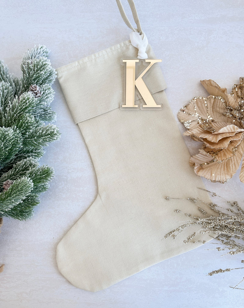 Linen Christmas stocking with initial tag - natural / oatmeal