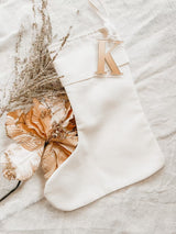 Linen Christmas stocking with initial tag - white