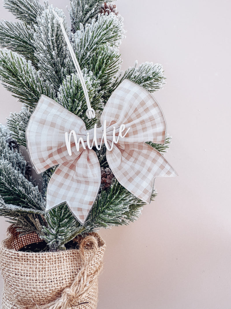 Nude gingham printed bow ornament