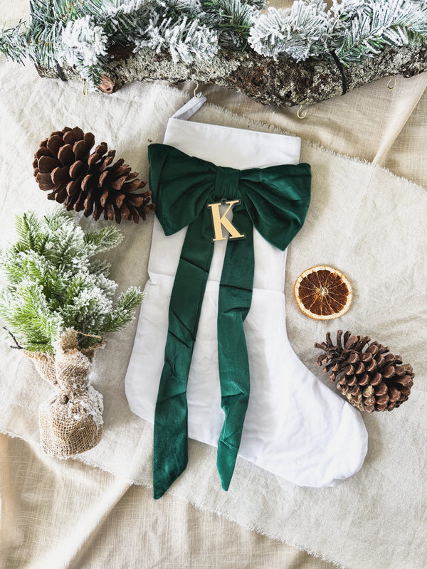 Premium linen Christmas stocking with velvet bow - green