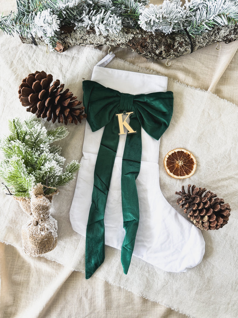 Premium linen Christmas stocking with velvet bow - green
