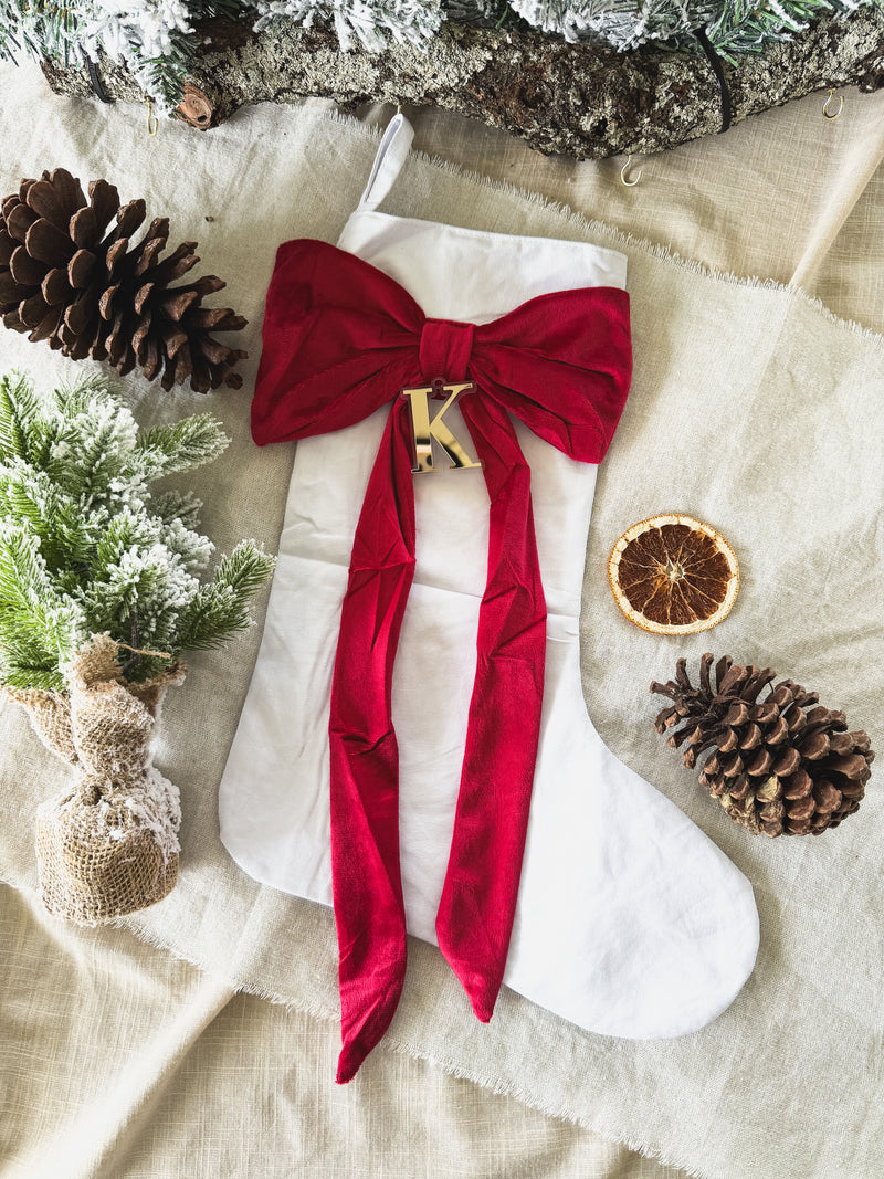 Premium linen Christmas stocking with velvet bow - red
