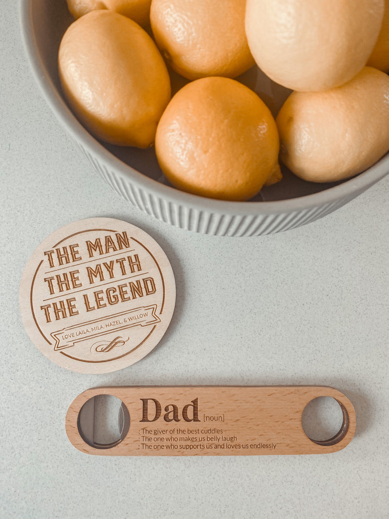 Engraved wooden bottle opener - meaning of [dad, pop, granddad, etc]