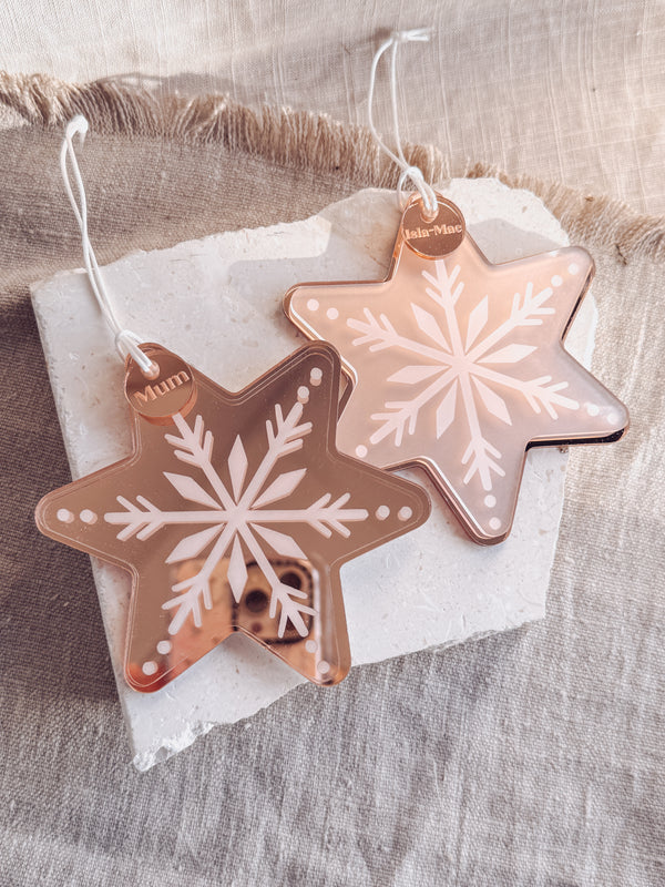 Mirror gingerbread snowflake star ornament with clear or frosted overlay
