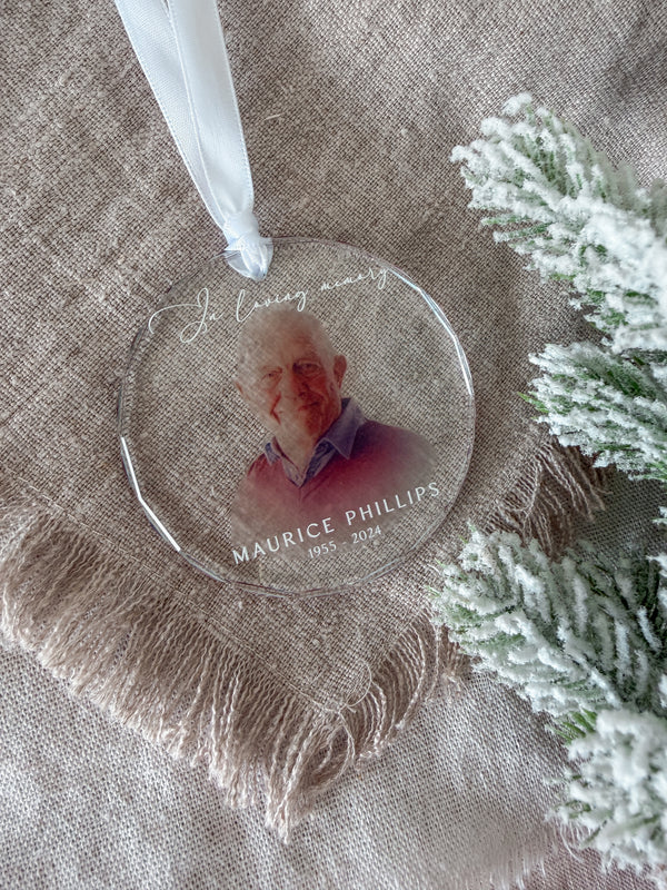 Crystal glass ornament -  “in memory of” with photo