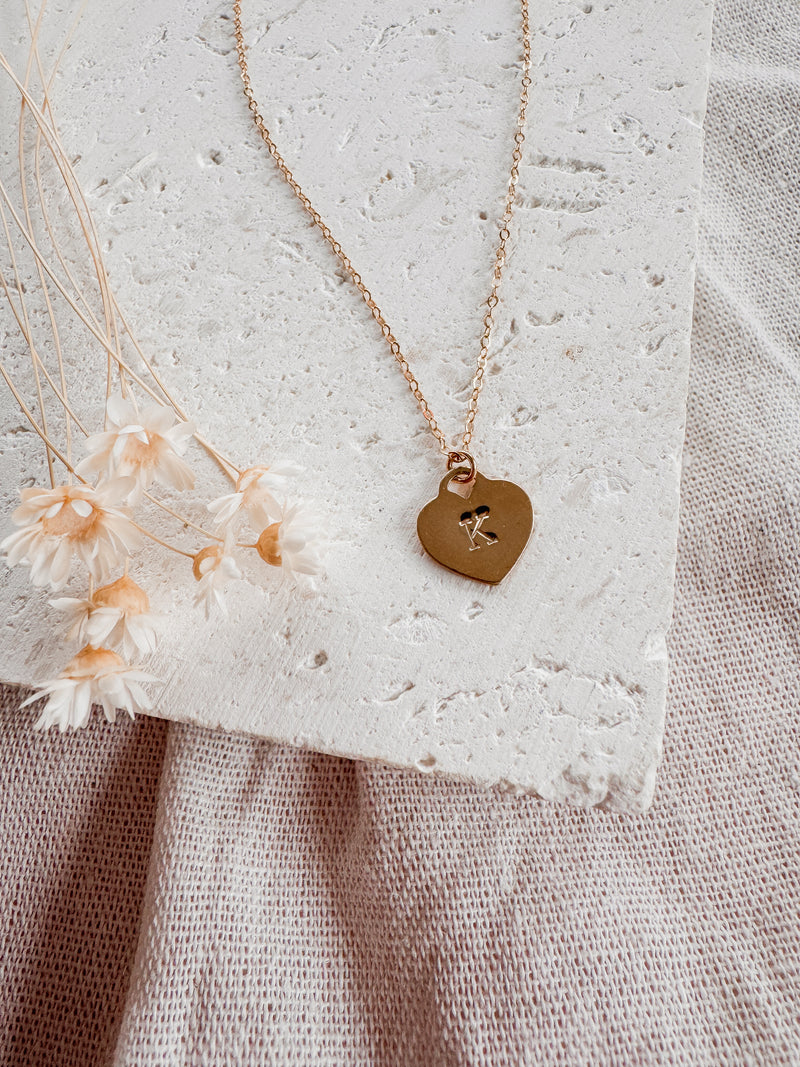 Hand-stamped letter initial on heart necklace - gold filled