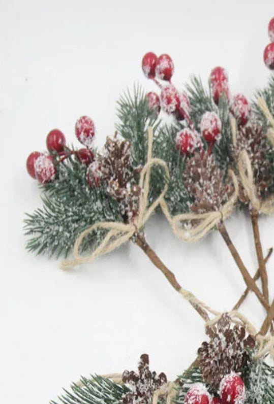 Pine bunch add-on for stockings - snowy red berries with twine