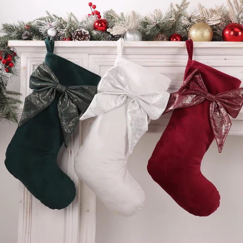 Premium velvet Christmas stocking with shimmer fabric bow - three colour options