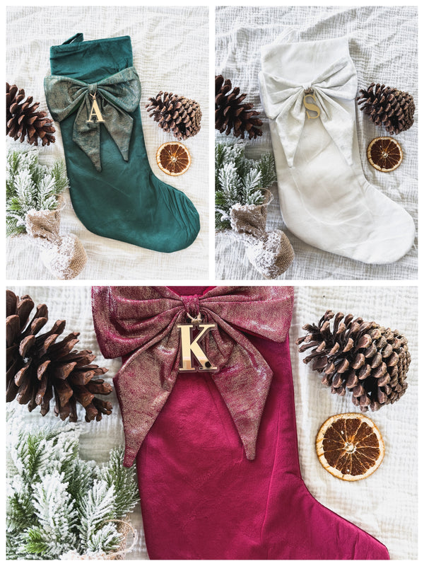 Premium velvet Christmas stocking with shimmer fabric bow - three colour options