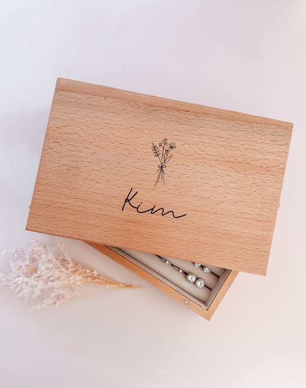 Wooden single or multilayer jewellery box - name with floral bunch above
