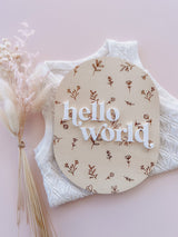 Oval “hello world” baby announcement plaque - floral