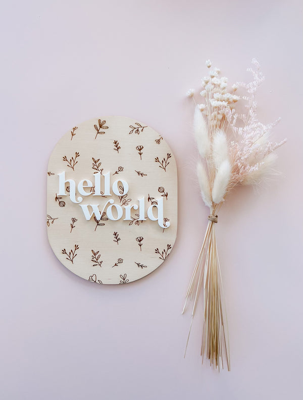 Oval “hello world” baby announcement plaque - floral