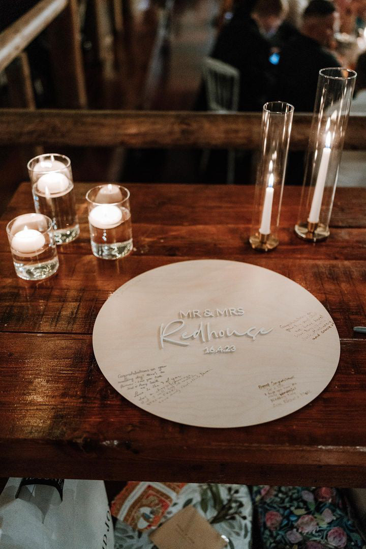 Wedding “guest book” round timber sign