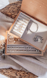 Wooden single or multilayer jewellery box - line art branches with wording underneath