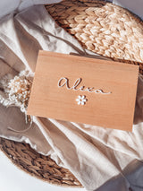 Wooden single or multilayer jewellery box - acrylic name with single daisy