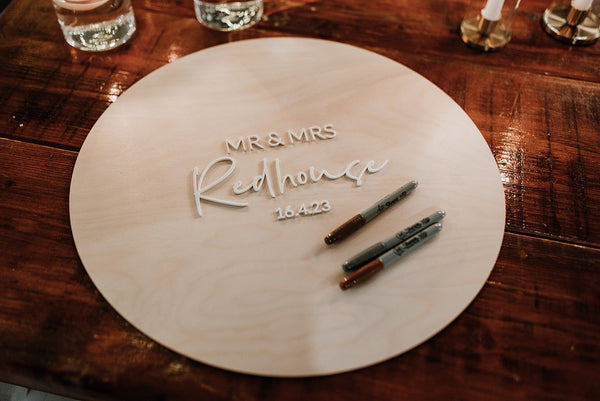 Wedding “guest book” round timber sign