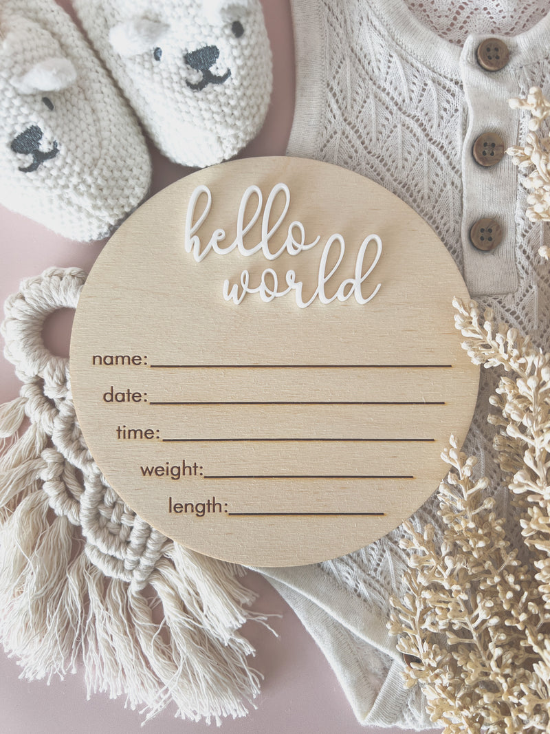 Timber “hello world” birth details announcement plaque