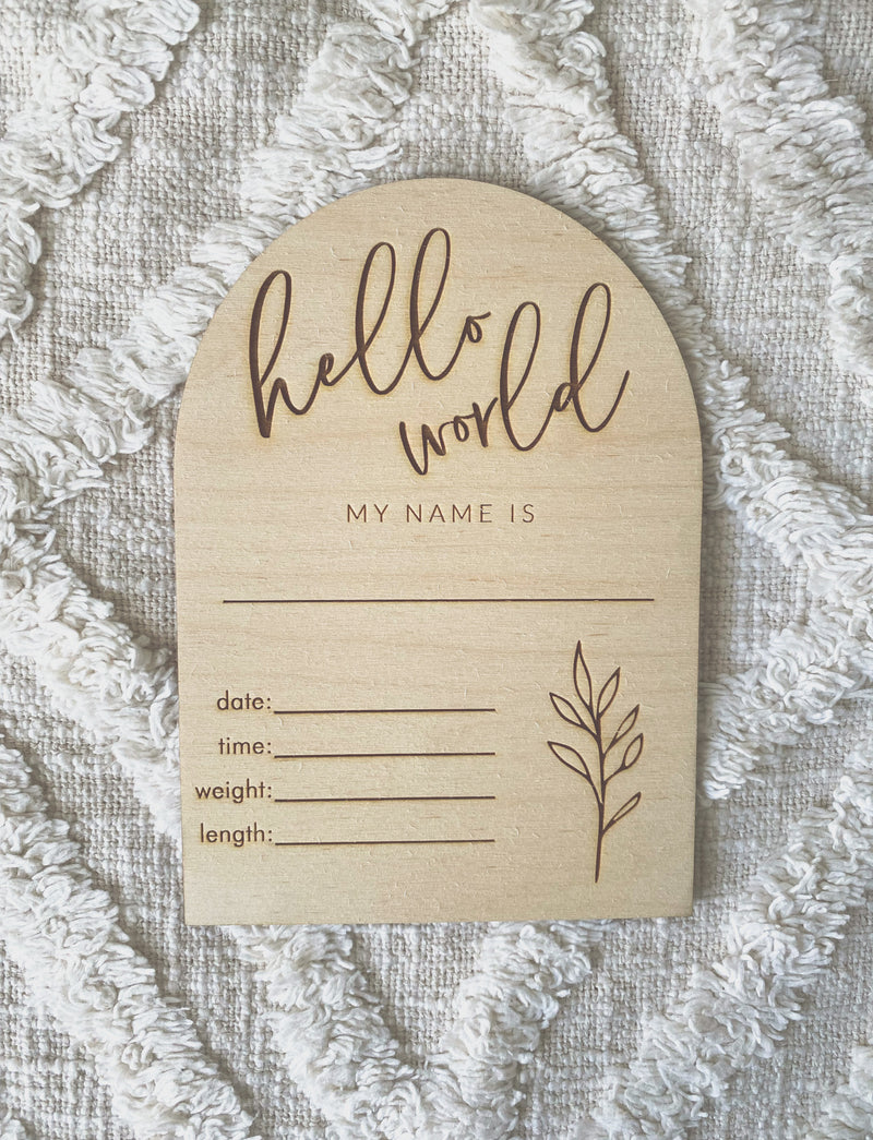 "Hello world" arch announcement plaque with simple branch