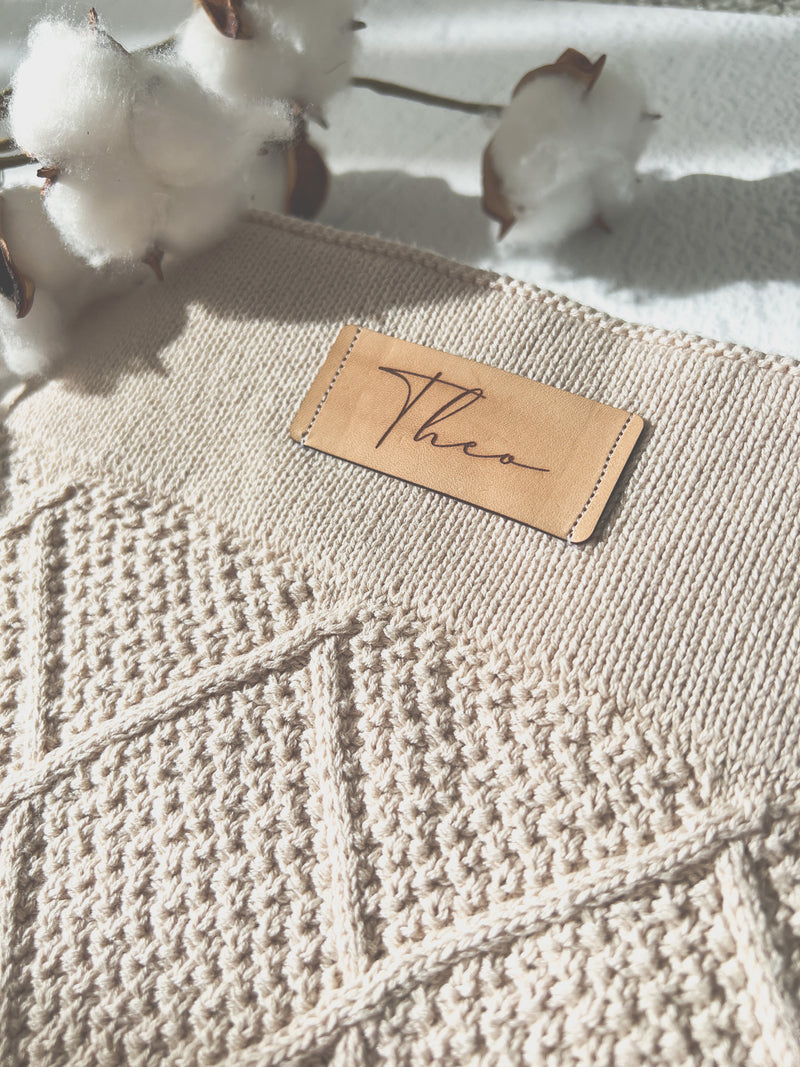 Diamond knit heirloom baby blanket - with personalised leather tag