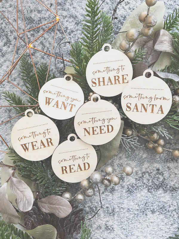 Mindful Christmas gift tags - Something you wear, read, want, need + share + from Santa - DIY name