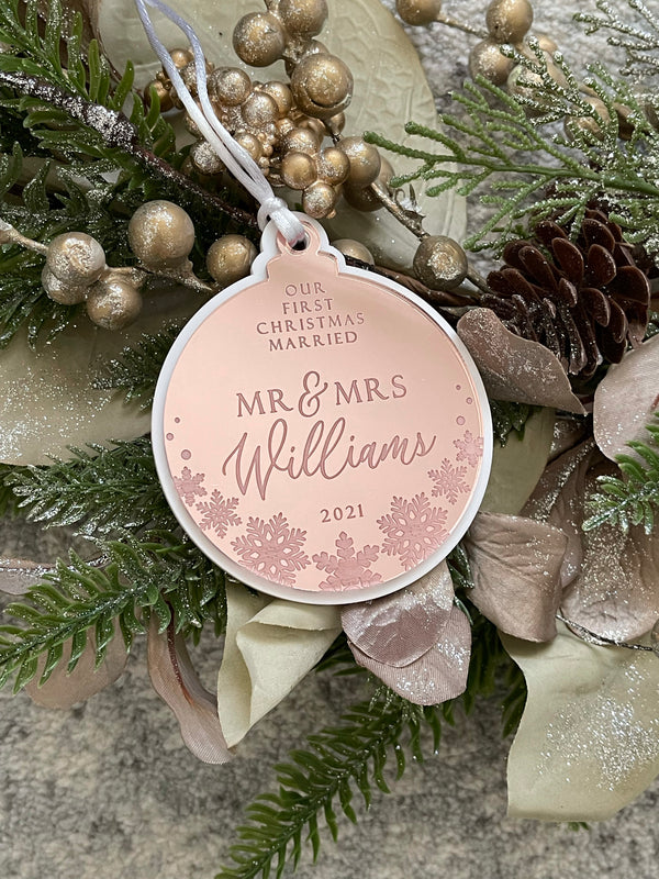 “Our first Christmas married” bauble