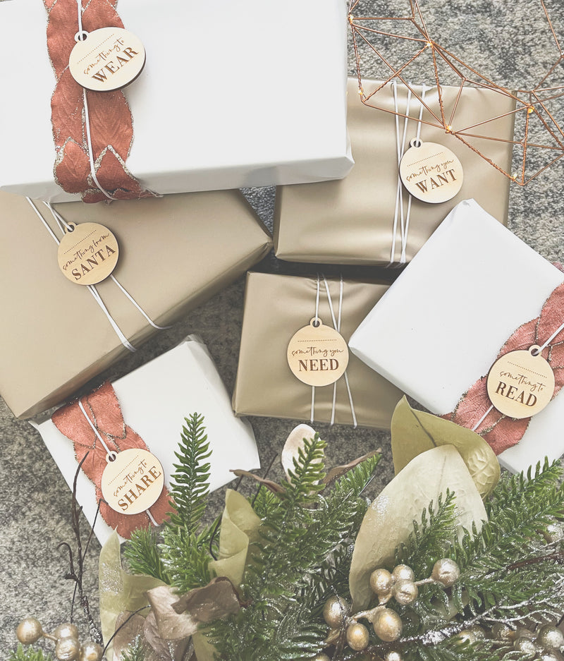 Mindful Christmas gift tags - Something you wear, read, want, need + share + from Santa - DIY name