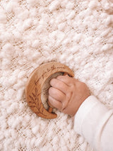 Crescent moon wooden rattle -  olive branch and “love you to the moon”