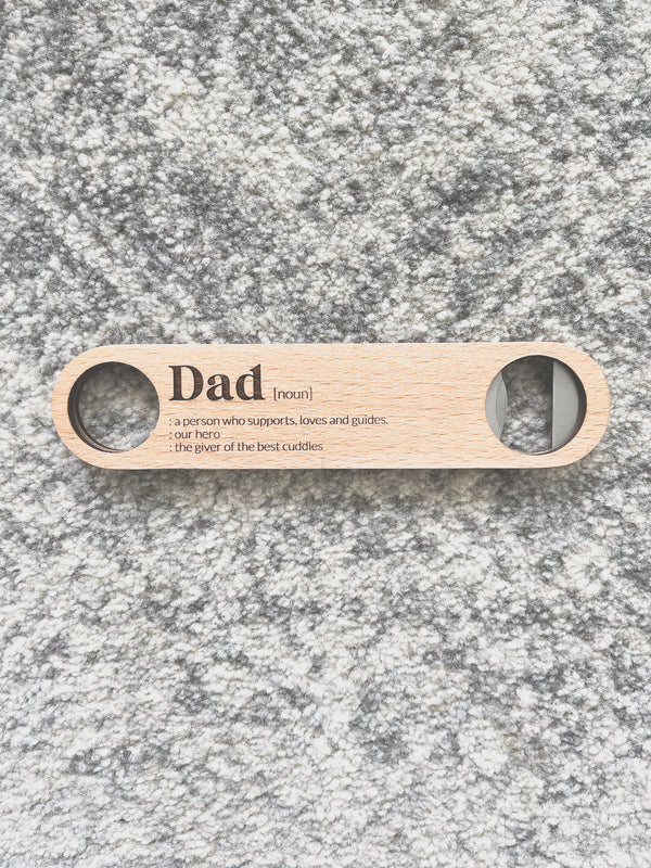 Engraved wooden bottle opener - meaning of [dad, pop, granddad, etc]