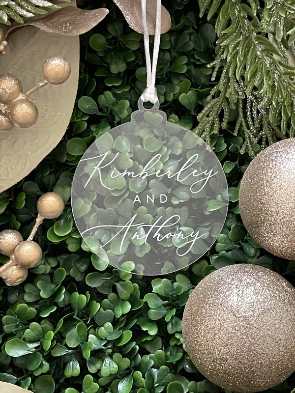 Clear or wooden double name couples Christmas bauble ornament