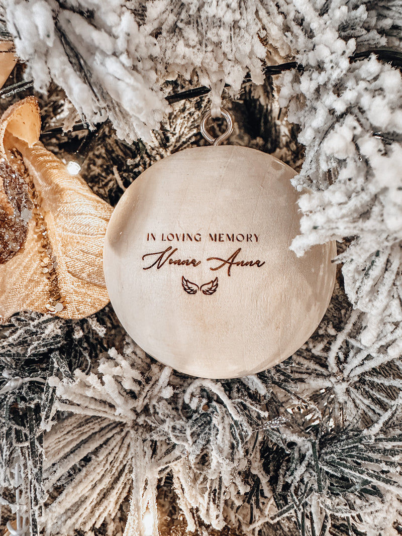 Solid wooden Christmas ball bauble with engraving - In memory of