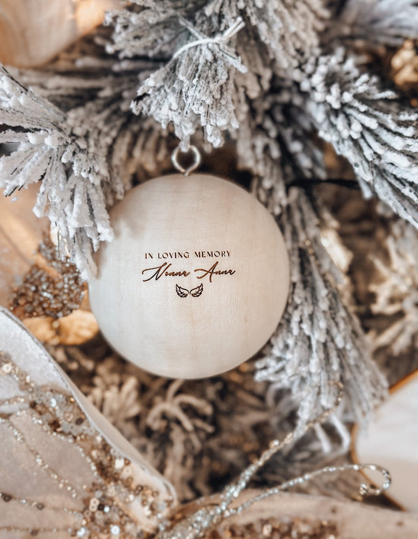 Solid wooden Christmas ball bauble with engraving - In memory of