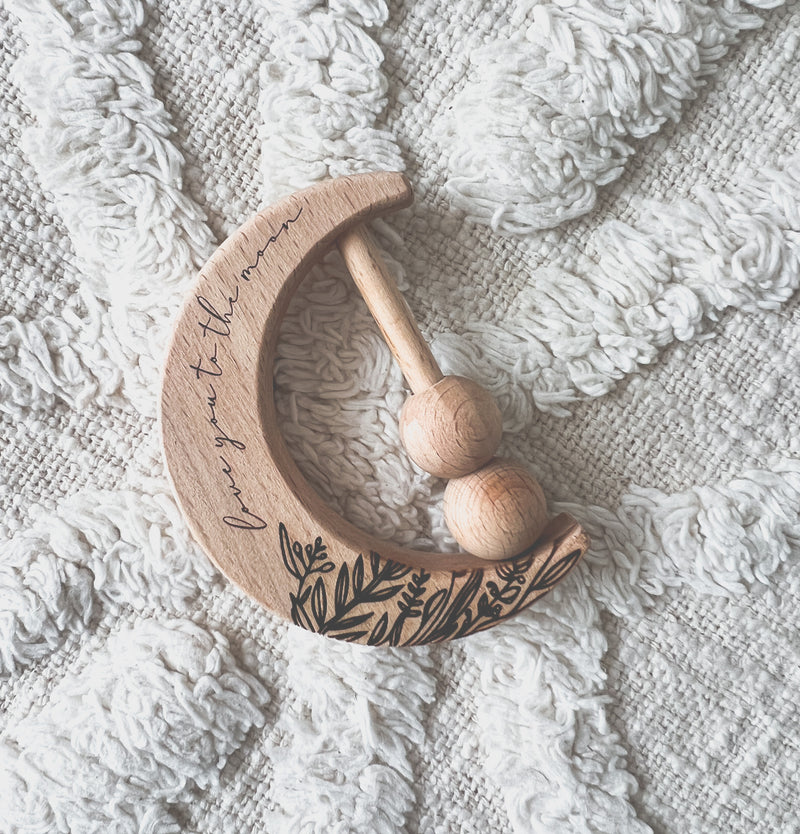 Crescent moon wooden rattle - botanical love you to the moon