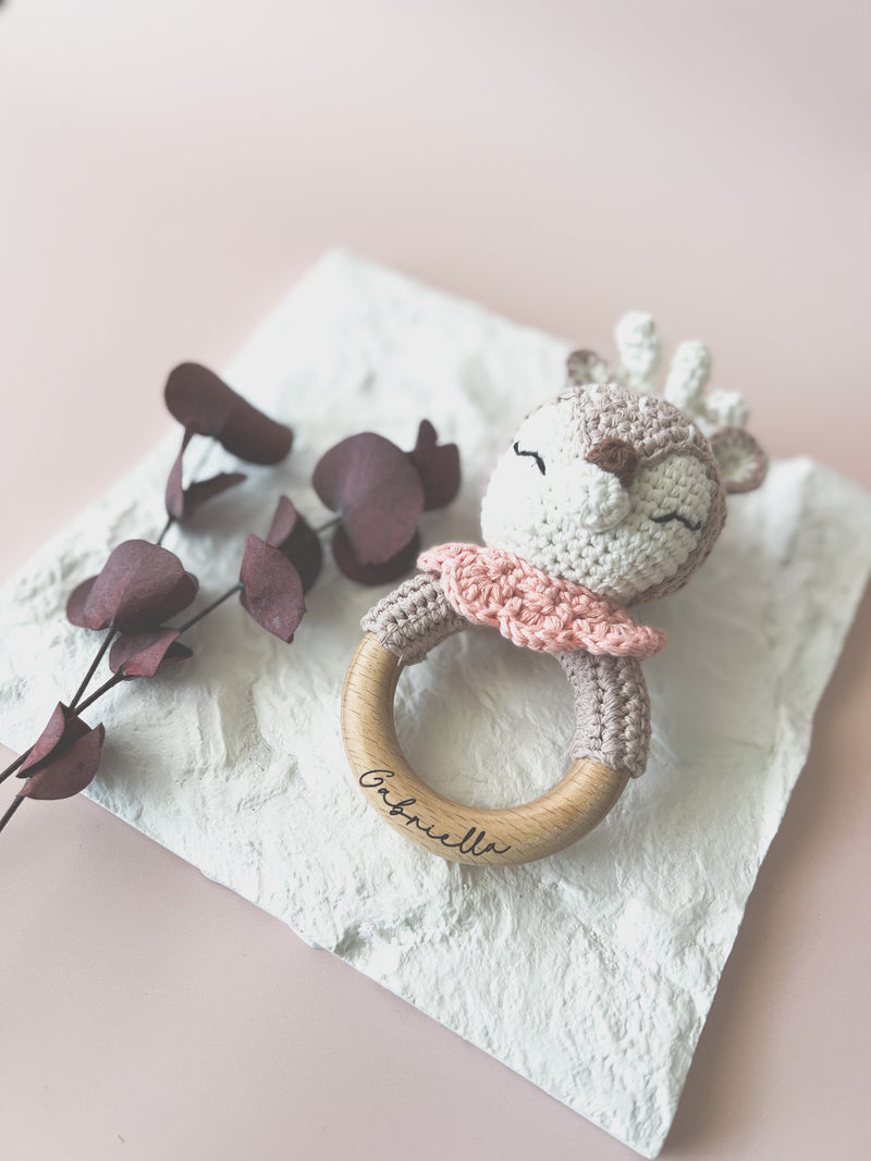 Crochet baby rattle - Deer with pink collar