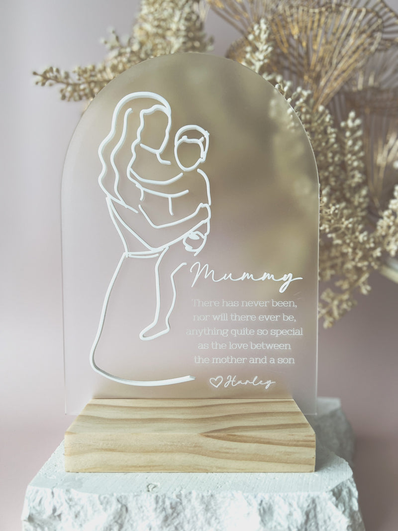 Personalised Mother and young son with timber base