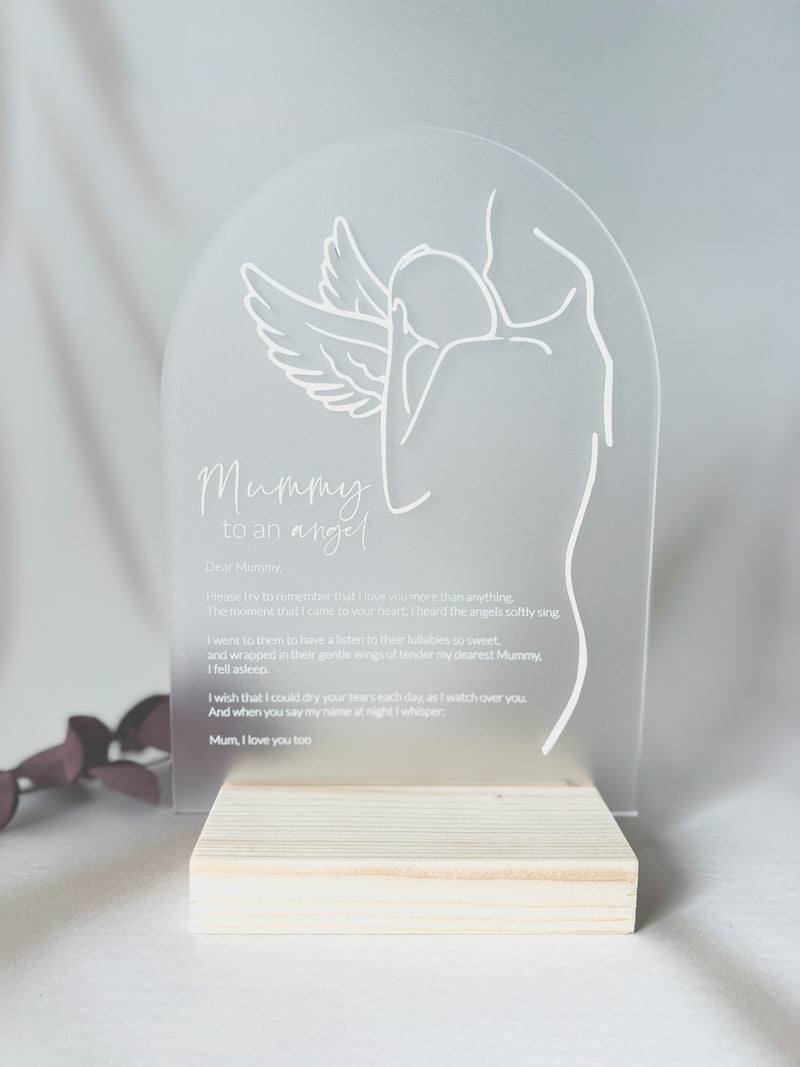Mummy to an Angel plaque with timber base