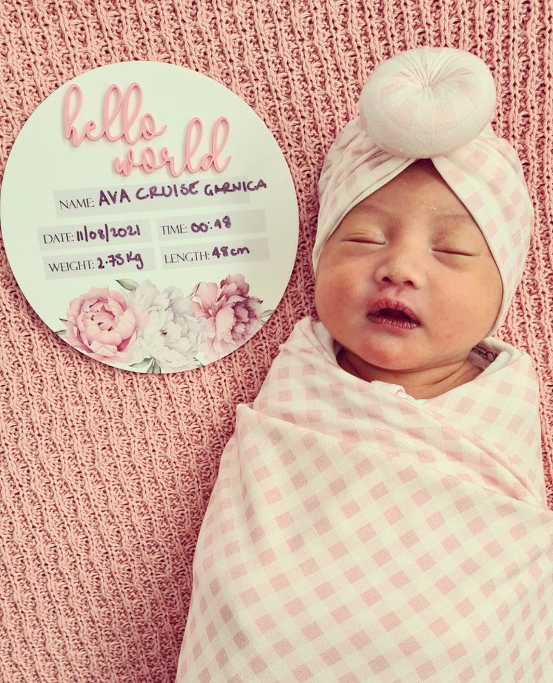 “Hello world” birth details announcement plaque with peonies