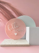 “hello world” with heart birth announcement plaque - baby pink