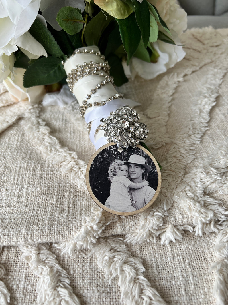 Wedding bouquet memorial photo tag with engraving
