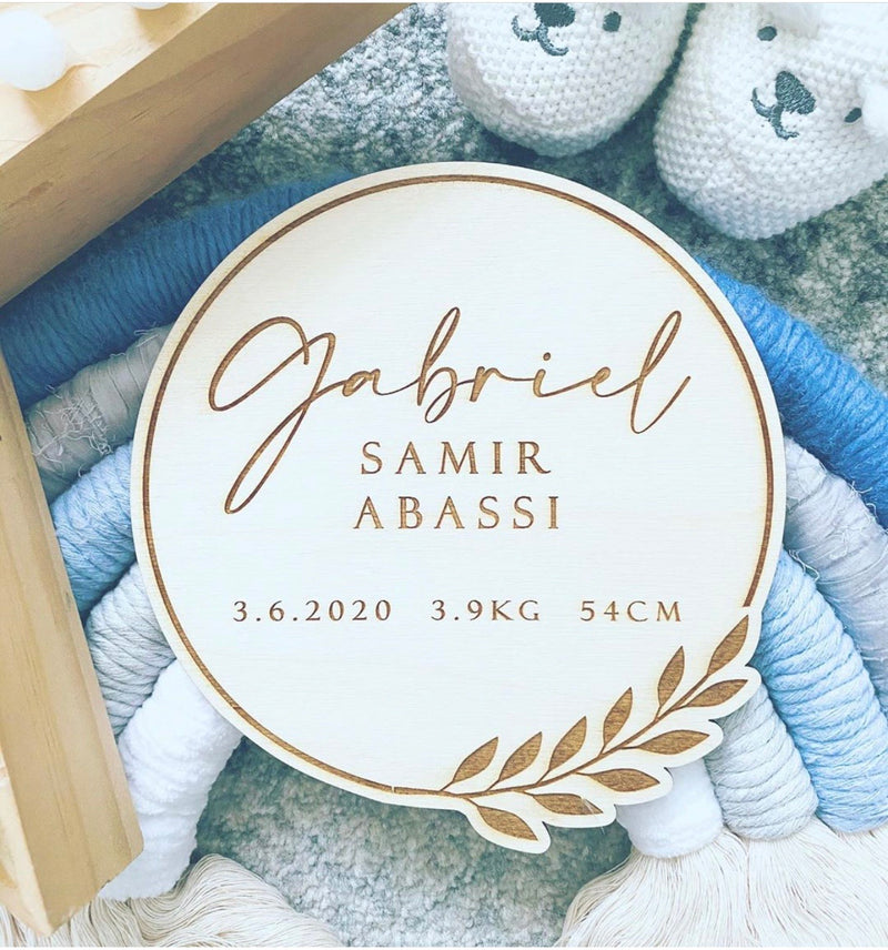 Birth details announcement plaque with branch