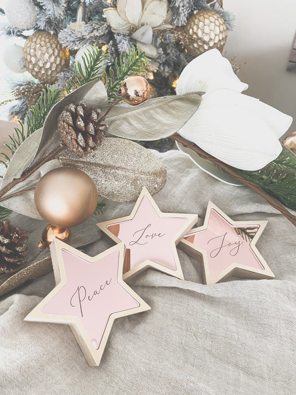 Peace, love, joy - set of 3 freestanding stars